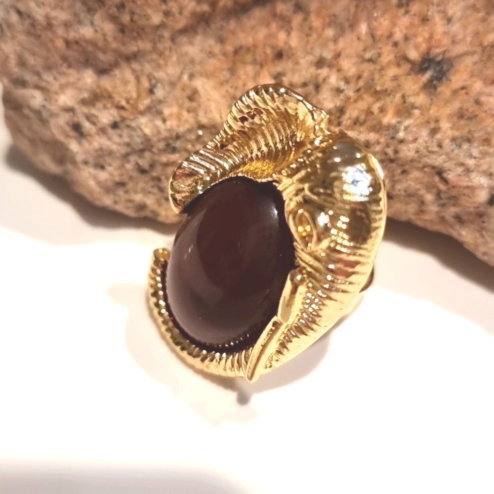 New! Elephant Statement Ring Textured Gold Brown Cabochon Adjustable • NWOT